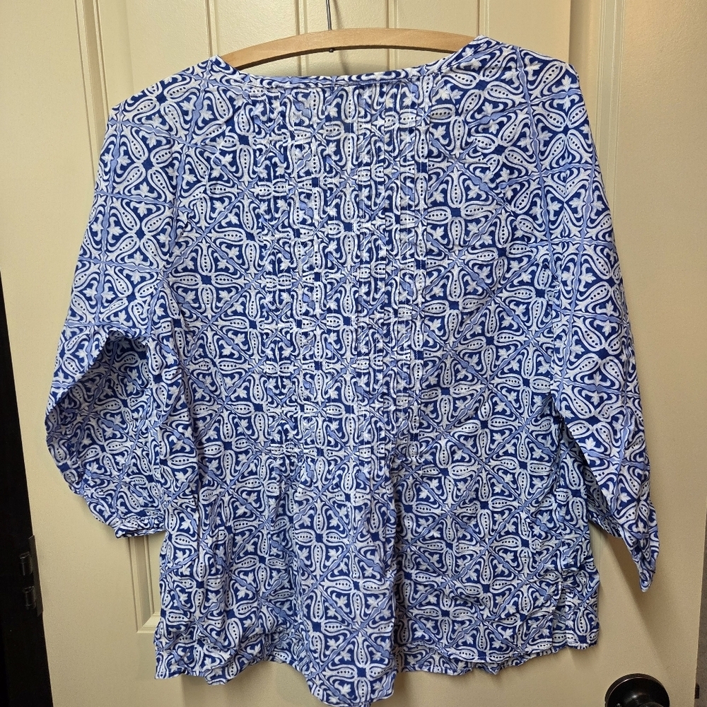 SOLD  Talbots Woman Medium Tunic Blouse Blue 3/4 Sleeve Button Front Boho Cotton - Picture 7 of 16